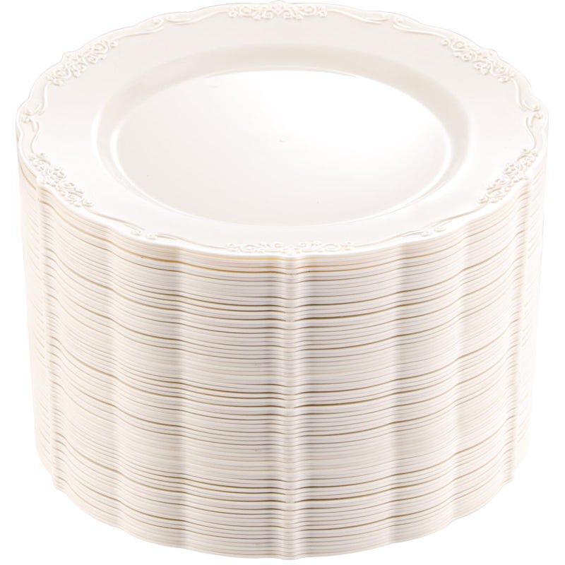 DaYammi 60PCS Ivory Plastic Plates Thanksgiving Plates Disposable Heavy Duty Disposable Plates Premium 10inch Ivory Dinner Platos Hard Plastic Platos Disposable for Party Wedding Bridal Shower